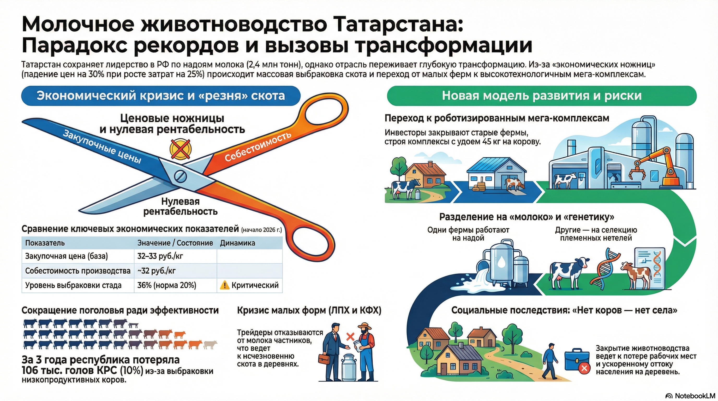 Кризис молочного животноводства 2026 года в Татарстане — факторы дестабилизации и стратегия выживания 1. Текущее состояние молочного рынка: Экономический тупик Молочное животноводство Татарстана, являющееся ключевым донором продовольственной безопасности Поволжья, к началу 2026 года вошло в фазу глубокой дестабилизации. Стратегическая важность отрасли для республики определяется не только объемами товарного молока, но и ролью основного работодателя на сельских территориях. Однако текущая ценовая асимметрия, когда стоимость литра сырого молока стала сопоставима со стоимостью бутилированной воды, подрывает финансовую устойчивость всей производственной цепочки. К январю 2026 года финансовый коридор производителей сузился до критических значений: рост цен на ГСМ (до 70 руб./л) и электроэнергию совпал с резким падением доходности.