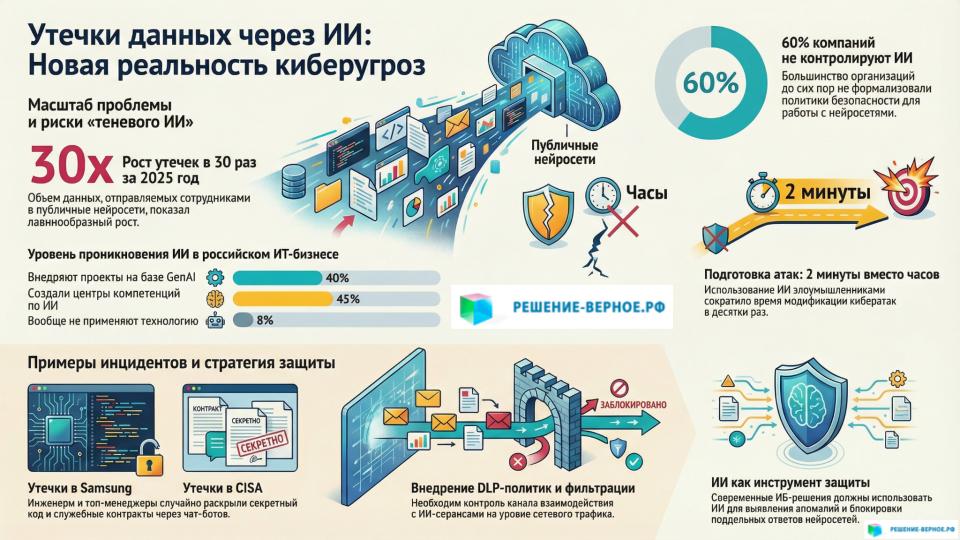 Проблема утечек данных через сервисы искусственного интеллекта в 2025 году приобрела беспрецедентный масштаб, став критическим риском для российского бизнеса. Согласно источникам, объем конфиденциальной информации, попадающей в публичные нейросети (такие как ChatGPT и Gemini), **вырос в 30 раз** по сравнению с предыдущим годом.  Масштаб и причины проблемы Основным драйвером утечек стала массовая практика сотрудников использовать ИИ для решения рабочих задач без должного контроля. Это явление специалисты называют **новым видом «теневого ИТ»**, так как оно практически невидимо для подразделений информационной безопасности.  Сотрудники загружают в общедоступные чат-боты широкий спектр чувствительных данных: *   **Материалы стратегического планирования** и презентации. *   **Аналитические отчеты** и таблицы с бизнес-данными. *   **Фрагменты исходного кода** и техническую документацию. *   **Внутреннюю переписку**.  Отсутствие контроля и регламентации Ситуация осложняется «правовым вакуумом»: около **60% российских организаций** до сих пор не формализовали политики по работе с ИИ, а почти две трети компаний вообще не контролируют такие утечки. Это создает лавинообразную угрозу, превращая сотрудников в невольный источник риска. Громкие инциденты и риски необратимости Источники приводят примеры того, что даже эксперты по безопасности могут допускать ошибки: *   **Samsung:** Инженеры использовали ChatGPT для оптимизации кода и транскрибации совещаний. В итоге **секретный исходный код оказался на серверах OpenAI**, где он мог быть использован для обучения будущих моделей ИИ. Это делает утечку фактически необратимой. *   **CISA (США):** Руководитель агентства по кибербезопасности лично загрузил в ChatGPT служебные документы с пометкой «Для официального использования».  Новые векторы угроз от злоумышленников Параллельно с ростом случайных утечек, злоумышленники используют ИИ для усиления атак: *   **Скорость:** С помощью ИИ адаптация DDoS-атаки под защиту сократилась с нескольких часов до **1–2 минут**. *  
