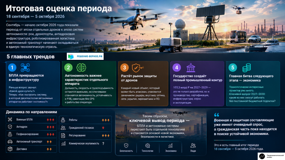 Сентябрь — начало октября 2026 года показали переход от эпохи отдельных дронов к эпохе систем автономности: рои, дронопорты, антидроновая инфраструктура, роботизированная логистика и автономный транспорт начинают складываться в единую технологическую отрасль. 2026–2036 десятилетие так: 2026 — дрон ↓ 2027 — автономный дрон ↓ 2028 — флот дронов ↓ 2029 — автономный флот ↓ 2030 — автономная инфраструктура ↓ 2031–2032 — мультидоменные системы ↓ 2033–2034 — автономные бизнес-процессы ↓ 2035–2036 — автономная инфраструктура как услуга И поэтому главный тренд десятилетия я бы назвал не «беспилотизация», а: коммодитизация физического аппарата + капитализация автономности. То есть сам дрон постепенно становится дешёвым исполнительным устройством, а настоящая стоимость перемещается в AI, данные, сенсоры, связь, инфраструктуру, управление флотом и способность безопасно выполнять задачу без человека. Именно поэтому к 2036 году рынок может оказаться в разы шире нынешнего рынка БПЛА, потому что в него фактически войдут робототехника, автономный транспорт, логистика, промышленная инспекция, безопасность, инфраструктура и значительная часть AI.