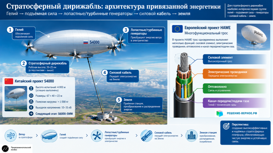 Для привязных систем интерес представляют различные архитектуры: генератор непосредственно на высотной платформе; турбинные/лопастные генераторы; передача электроэнергии по кабелю; совмещение силового троса и коммуникаций. Особенно интересна концепция, в которой трос объединяет несколько функций: механическая нагрузка + электрические проводники + оптоволокно + газовый канал. Это позволяет рассматривать привязную систему как многофункциональный вертикальный инфраструктурный канал.