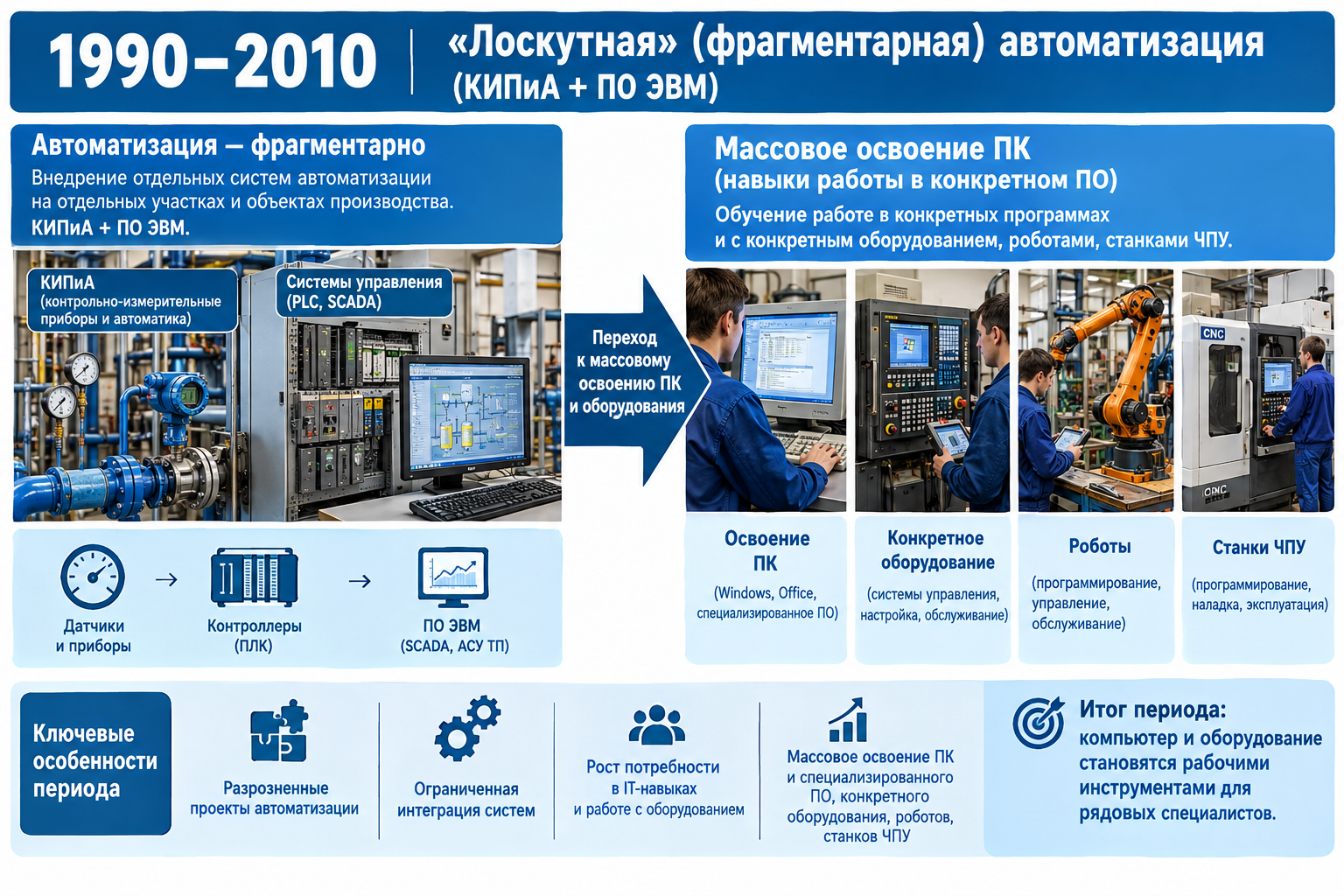 1990–2010 — лоскутная (фрагментарная) автоматизация (КИПиА + ПО ЭВМ) → массовое освоение ПК (навыки работы в кокретном ПО) конкретного оборудования, робота, станка ЧПУ