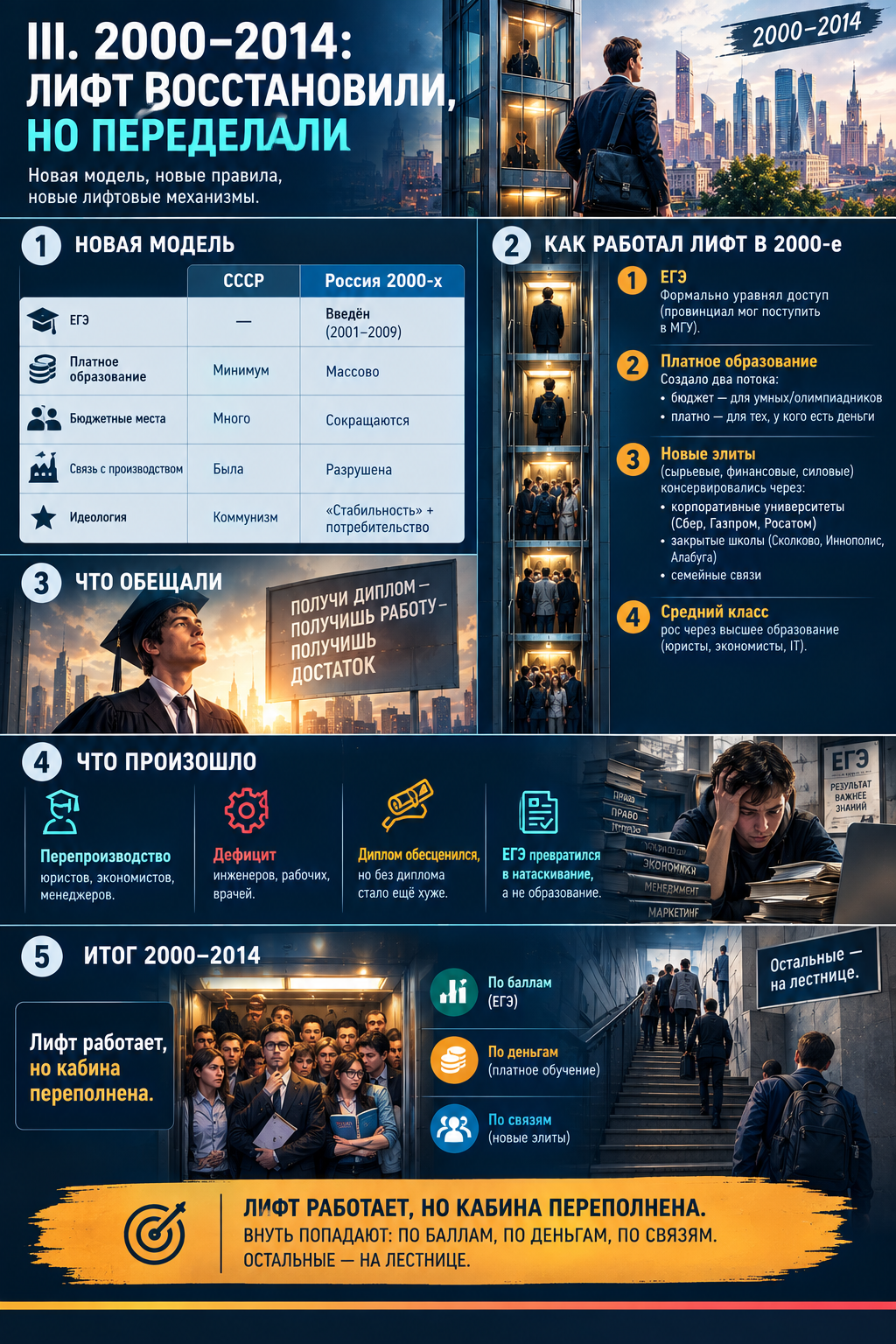 2000–2014: лифт восстановили, но переделали 3.1. Новая модель   Элемент	СССР	Россия 2000-х ЕГЭ	—	Введён (2001–2009) Платное образование	Минимум	Массово Бюджетные места	Много	Сокращаются Связь с производством	Была	Разрушена Идеология	Коммунизм	«Стабильность» + потребительство 3.2. Как работал лифт в 2000-е      ЕГЭ формально уравнял доступ (провинциал мог поступить в МГУ).      Платное образование создало два потока:          Бюджет — для умных/олимпиадников          Платно — для тех, у кого есть деньги      Новые элиты (сырьевые, финансовые, силовые) консервировались через:          Корпоративные университеты (Сбер, Газпром, Росатом)          Закрытые школы (Сколково, Иннополис, Алабуга)          Семейные связи      Средний класс рос через высшее образование (юристы, экономисты, IT).  3.3. Что обещали      «Получи диплом — получишь работу — получишь достаток».  3.4. Что произошло      Перепроизводство юристов, экономистов, менеджеров.      Дефицит инженеров, рабочих, врачей.      Диплом обесценился, но без диплома стало ещё хуже.      ЕГЭ превратился в натаскивание, а не образование.  3.5. Итог 2000–2014      Лифт работает, но кабина переполнена. Внутрь попадают: по баллам, по деньгам, по связям. Остальные — на лестнице.