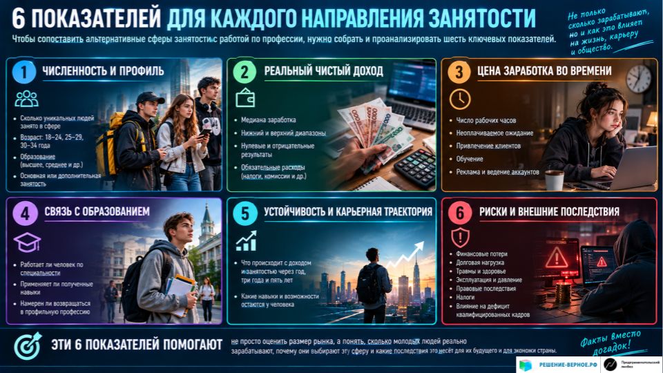 Три категории деятельности: этичность, конкуренция за кадры и риски Этичность нельзя надёжно определить только по названию отрасли. Например, преподаватель онлайн-курсов и продавец заведомо бесполезного курса могут работать в одной рыночной категории, но по-разному вести себя с клиентами. Аналогично, легальные финансовые инвестиции отличаются от мошеннического псевдоброкерства, а работа в индустрии платного контента — от принуждения или эксплуатации. Категория Сферы Как оценивать 1. Этичные, но конкурирующие с профессиональной карьерой Курьерская доставка, такси, продажи, фриланс, цифровые услуги, добросовестное репетиторство, законная торговля товарами, долгосрочные инвестиции Скорость получения заработка, чистый доход за час, гибкость, возможность развития навыков, последствия для будущей квалификации 2. Смешанные или высокорисковые Блогинг и стриминг, активный трейдинг, криптовалютные спекуляции, арбитраж трафика, сетевой маркетинг, инфобизнес, азартные игры Неравномерность доходов, финансовые потери, концентрация дохода, прозрачность бизнес-модели, зависимость от удачи и правил платформ 3. Неэтичные или общественно вредные модели Мошеннические кол-центры, дропперство, продажа доступа к аккаунтам и данным, обманные курсы и продажи, эксплуатация уязвимых людей Обман, ущерб пострадавшим, незаконность, способы вовлечения работников, принуждение, распределение доходов между исполнителями и организаторами В третьей категории важно учитывать не только доход участников, но и ущерб, который создаёт схема. Банк России, например, сообщил, что в 2025 году выявил более 7 тыс. финансовых пирамид и других нелегальных участников финансового рынка; регулятор также указывает на вовлечение подростков в дропперские схемы под предлогом лёгкого заработка. Это подтверждает существование проблемы, но не позволяет посчитать всю молодёжь, работающую в мошеннических структурах. Банк России +1 Азартные игры и инвестиции нужно учитывать отдельно от занятости: участие в ставках или наличие брокерского сч