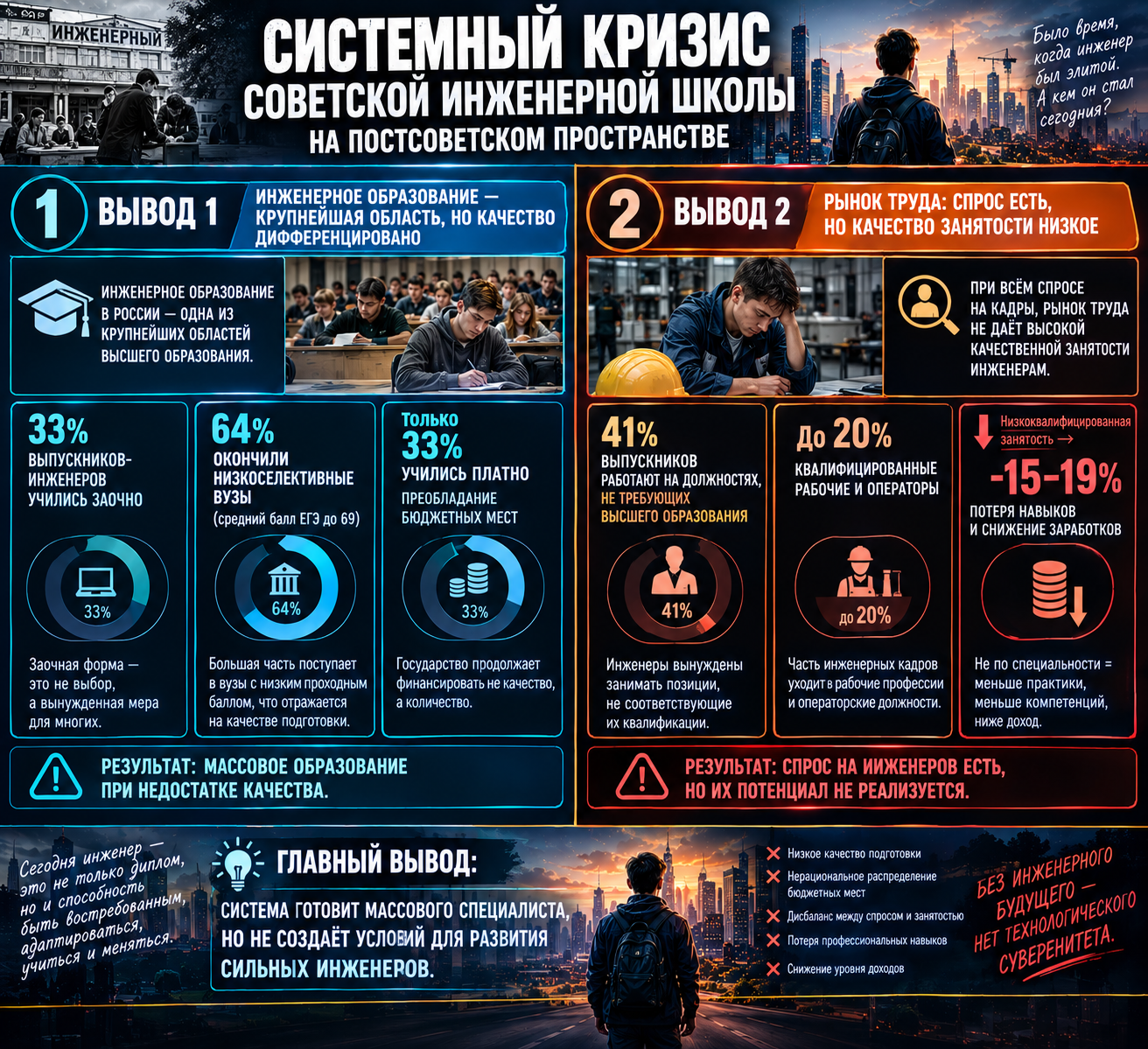 1. Инженерное образование — крупнейшая область, но качество дифференцировано 33% выпускников-инженеров учились заочно.  64% окончили низкоселективные вузы (средний балл ЕГЭ до 69).  Только 33% учились платно — преобладание бюджетных мест.  2. Рынок труда: спрос есть, но качество занятости низкое 41% выпускников работают на должностях, не требующих высшего образования.  До 20% — квалифицированные рабочие и операторы.  Низкоквалифицированная занятость → потеря навыков и снижение заработков на 15–19%.