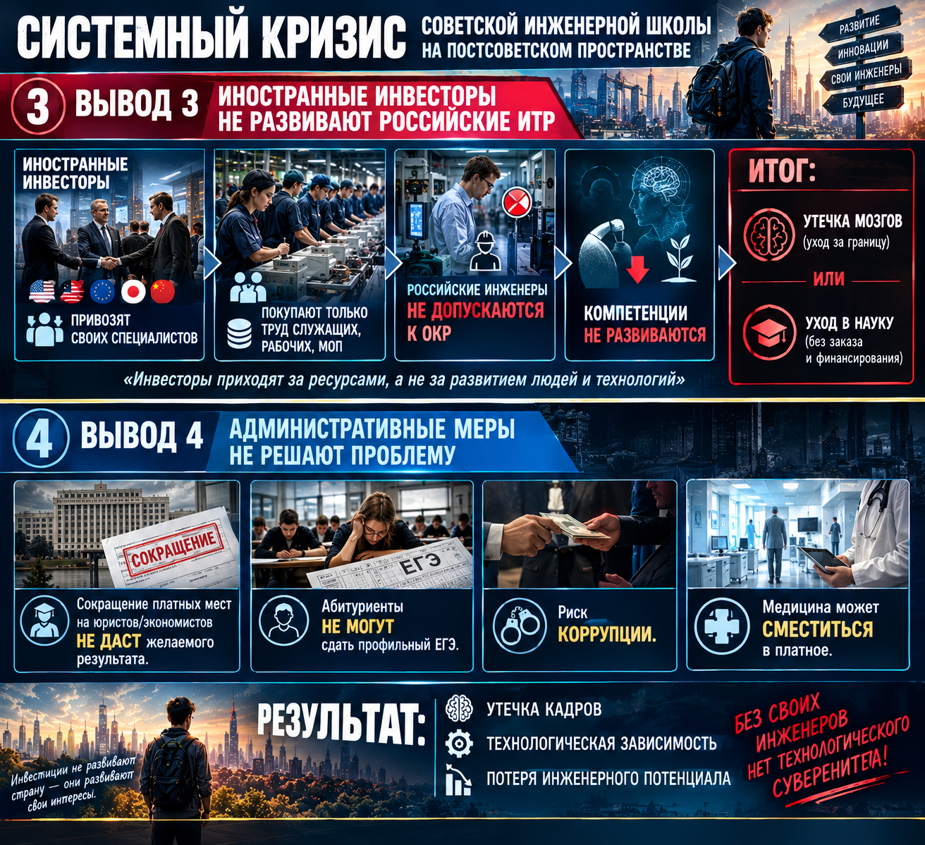 3. Иностранные инвесторы не развивают российские ИТР      Привозят своих специалистов.      Покупают только труд служащих, рабочих, МОП.      Российские инженеры не допускаются к ОКР.      Компетенции не развиваются.      Итог: утечка мозгов или уход в науку (без заказа и финансирования).  4. Административные меры не решают проблему      Сокращение платных мест на юристов/экономистов не даст желаемого результата.      Абитуриенты не могут сдать профильный ЕГЭ.      Риск коррупции.      Медицина может сместиться в платное.
