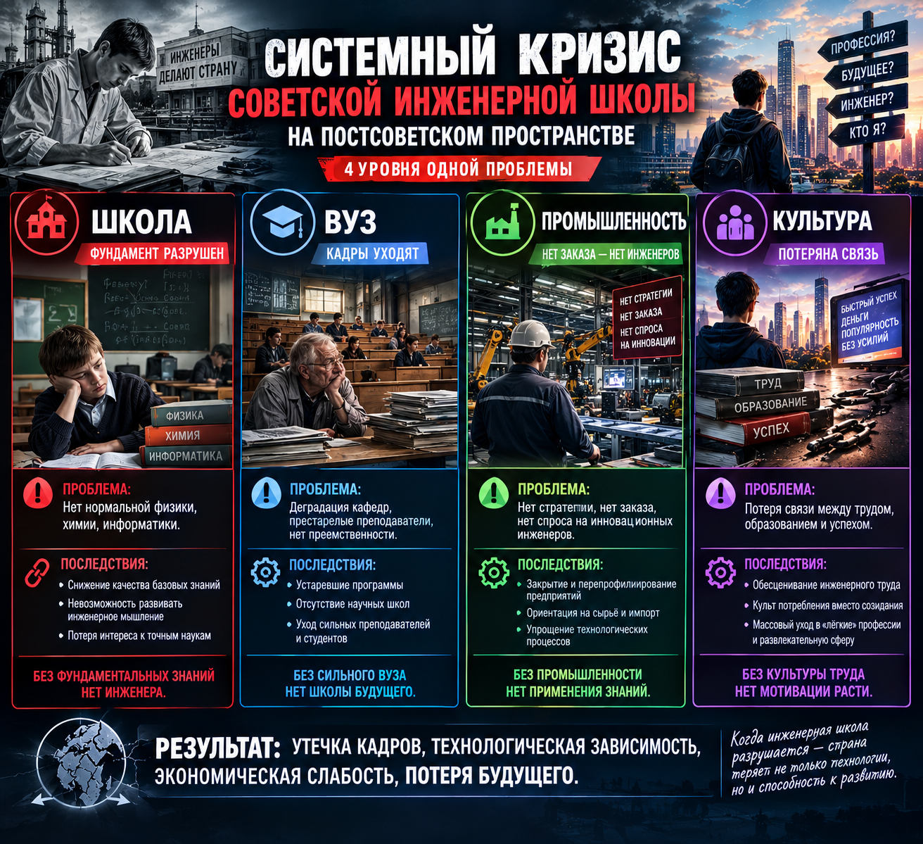 ИНОСТРАННЫЕ ИНВЕСТОРЫ В ОЭЗ/ТОР/ТОСЭР         │         ├── Привозят своих ИТР         ├── Покупают труд служащих, рабочих, МОП         └── НЕ развивают российские ОКР                 │                 ▼         РОССИЙСКИЕ ИНЖЕНЕРЫ                 │                 ├── Не находят себя в бизнесе                 ├── Уходят в науку (нет заказа)                 └── Переманиваются за рубеж                         │                         ▼                 ДЕГРАДАЦИЯ ИНЖЕНЕРНОЙ ШКОЛЫ                         │         ┌───────────────┼───────────────┐         ▼               ▼               ▼     ШКОЛА           ВУЗ           ПРОМЫШЛЕННОСТЬ     (нет физики)   (деградация)   (нет заказа)         │               │               │         └───────────────┼───────────────┘                         ▼                 СИСТЕМНЫЙ КРИЗИС                         │                         ▼         МОЛОДЁЖЬ «ГОЛОСУЕТ НОГАМИ»         ЗА ГУМАНИТАРНЫЕ НАУКИ