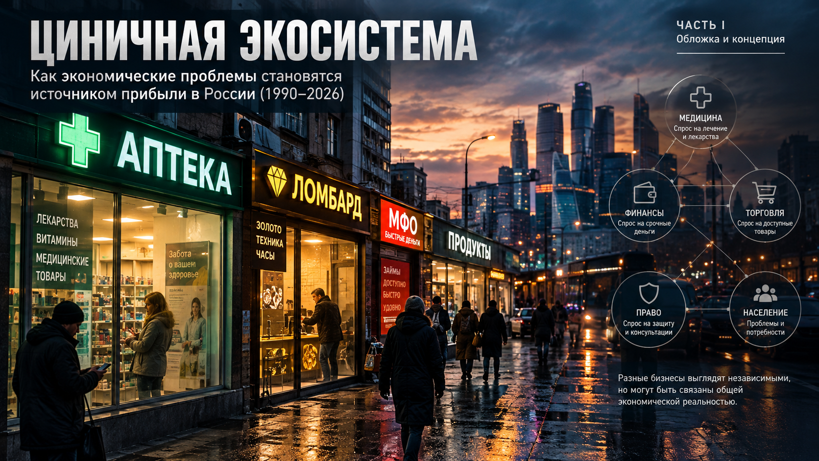 Экономика существует не только для того, чтобы производить товары, создавать рабочие места и удовлетворять потребности людей. Она также формирует рынки вокруг проблем, с которыми сталкиваются люди: болезни, нехватки денег, долгов, отсутствия стабильной работы, правовой незащищённости и невозможности быстро изменить собственное положение. Болезнь создаёт спрос на лекарства и медицинские услуги. Нехватка денег до зарплаты — на кредитование и займы под залог имущества. Просроченный долг — на взыскание задолженности. Сложные правила и конфликты — на юридические и консультационные услуги. Чем острее проблема, тем выше порой готовность человека платить за её решение. Сам по себе этот механизм не является ни незаконным, ни аморальным. Аптеки, медицинские учреждения, ломбарды, банки, микрофинансовые организации и юридические компании могут оказывать обществу необходимые услуги. Проблема возникает в другой точке: когда устойчивость бизнеса начинает зависеть не столько от устранения исходной проблемы, сколько от её постоянного воспроизводства. Именно здесь появляется центральный вопрос исследования: может ли возникнуть экономическая система, в которой социальные трудности населения становятся не просто обстоятельством работы отдельных отраслей, а устойчивым источником доходов целой группы взаимосвязанных рынков? В этой статье такая система рассматривается как рабочая аналитическая модель — «циничная экосистема». Это не утверждение о существовании единого заговора или согласованного плана компаний. Речь о возможном структурном противоречии: общество заинтересовано в сокращении бедности, долгов и болезней, тогда как отдельные участники рынка могут получать доход от спроса, который эти проблемы порождают. Чтобы проверить эту гипотезу, необходимо рассмотреть историю российского рынка с 1990-х годов, способы извлечения прибыли, роль государства и регулирования, а также повседневные последствия для населения.