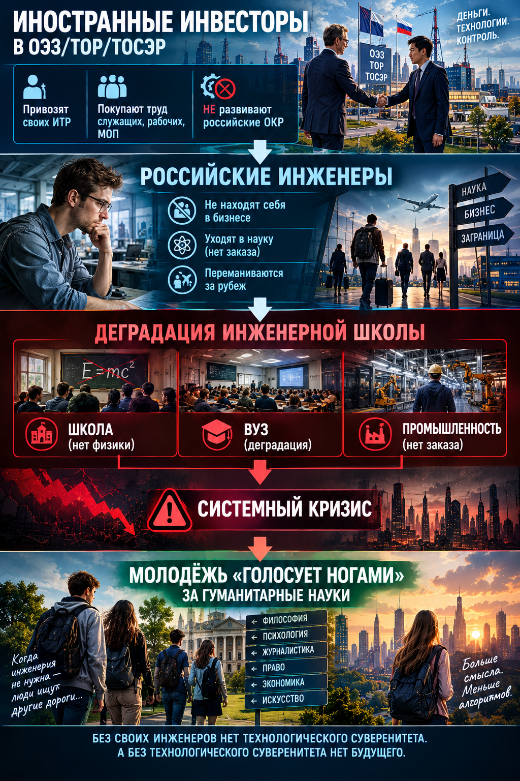 Инженерное образование и рынок труда в России: структурированный анализ       Если иностранные инвесторы не заинтересованы в привлечении российских ИТР, а привозят своих специалистов, покупая только труд служащих, рабочих и МОП, — значит ли это, что компетенции российских инженеров в ОЭЗ, ТОР, ТОСЭР не развиваются?      И, не найдя себя в бизнесе, они либо уйдут в науку, либо будут переманены в другую страну?  Короткий ответ: да, это один из ключевых механизмов деградации инженерной школы. Но он — не единственный. Лопатин и комментаторы показывают, что проблема системная и начинается задолго до трудоустройства.