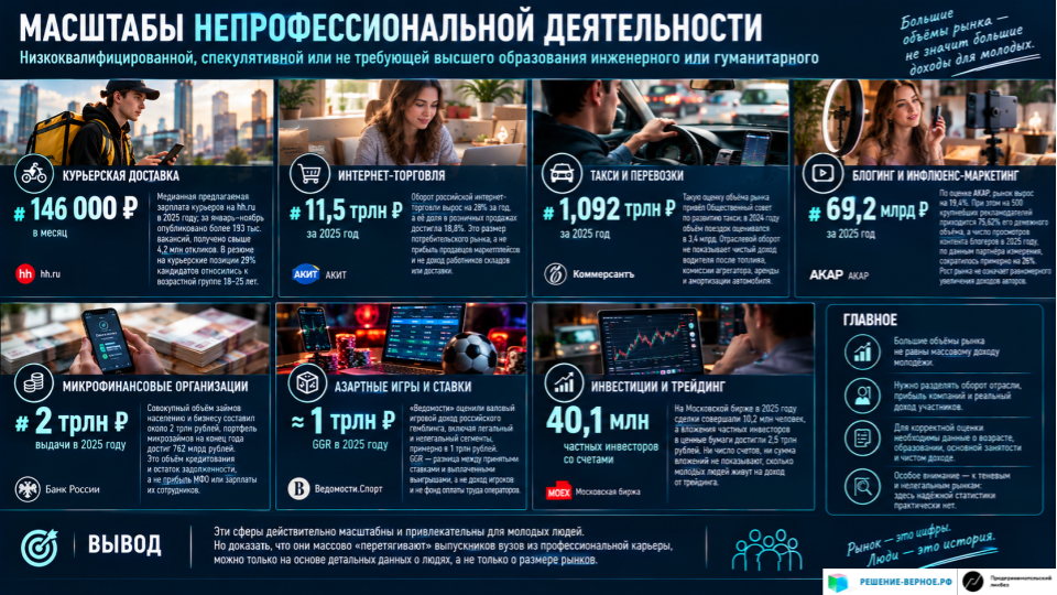 Главный вопрос — действительно ли выпускники уходят из профессий? В опубликованных 4 февраля 2026 года данных о выпускниках вузов 2021–2023 годов сообщается, что 74,5% трудоустроенных выпускников работали по полученной специальности. Следовательно, около четверти трудоустроенных выпускников не работали по ней. Но это не означает, что вся эта группа ушла в доставку, блогинг, трейдинг или другие рассматриваемые направления: в ней могут быть специалисты смежного профиля, предприниматели и работники квалифицированных профессий. minobrnauki.gov.ru